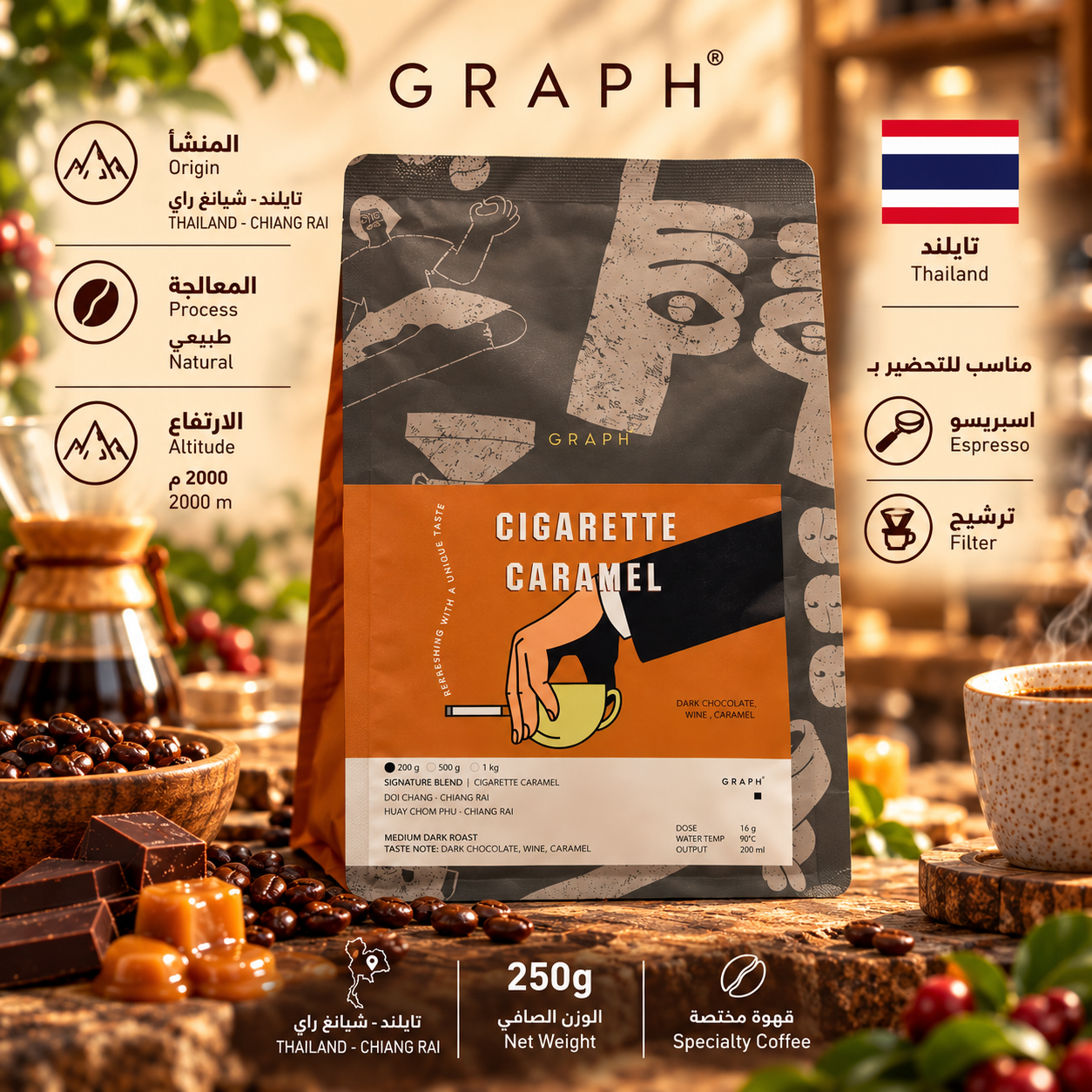 عبوة قهوة تايلندية في أجواء مقهى دافئة Graph | Signature Blend Cigarette Caramel 200G - الصورة 1